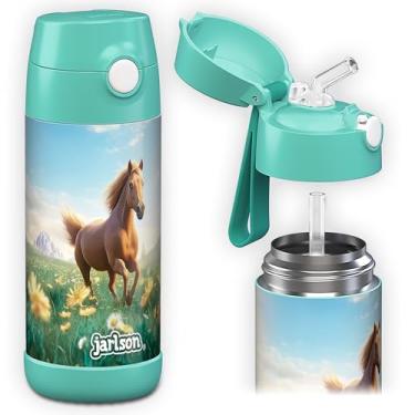 Imagem de Jarlson Charli Garrafa infantil de aço inoxidável com canudo – Frasco térmico de 350 ml – Testado TÜV – Livre de BPA – à prova de vazamento – Garrafa de água térmica para escola, berçário (cavalo 'Neo
