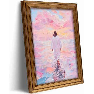 Imagem de Arte de parede de Jesus emoldurada em ouro vintage rosa Jesus andando na água impressões em tela imagem espiritual cristã moderna luz divina crenças religiosas pintura a óleo pôster arte para sala de
