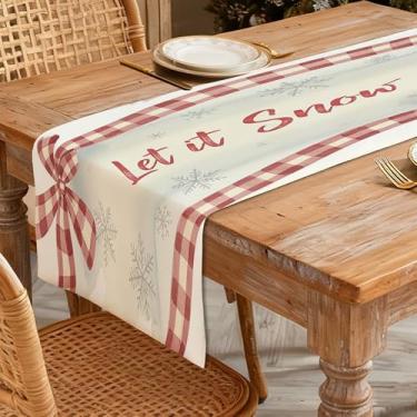 Imagem de Caminho de mesa de Natal 33 x 91 cm - Decoração de mesa de jantar de cozinha de inverno para decoração de casa, laços xadrez vermelho em aquarela impressa e flocos de neve para decoração de férias de