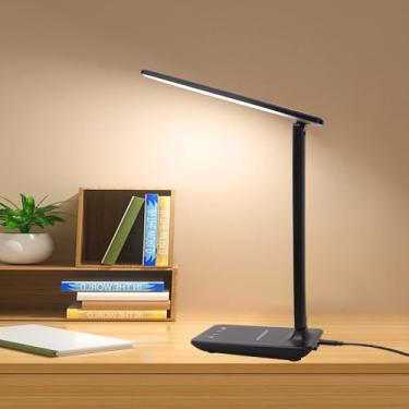 Imagem de AOUGO Candeeiro de mesa de LED regulável com porta de carregamento USB, 5 modos de cor, 5 modos de brilho, lâmpadas de mesa dobráveis portáteis para dormitório em casa, escritório, quarto, leitura