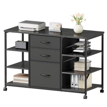 Imagem de YeTom Armário de arquivo móvel, armário de arquivo lateral com 3 gavetas de tecido, suporte para impressora com 4 prateleiras de armazenamento abertas para escritório em casa, preto