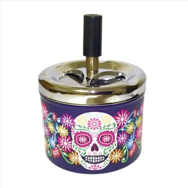 Imagem de Cinzeiro Metal C/Tampa Anti-Cheiro Giratória Redondo À Prova De Vento 9x7,5cm Fechado Automático Estampas Caveiras Mexicanas Premium (Flowers In My Mind)