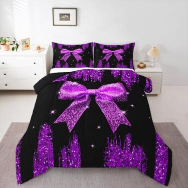 Imagem de Erosebridal Conjunto de edredom com laço roxo e nó de princesa, céu estrelado, tamanho casal, feminino, kawaii, geométrico, lantejoulas, prata, brilhante, decoração de quarto, estética kawaii
