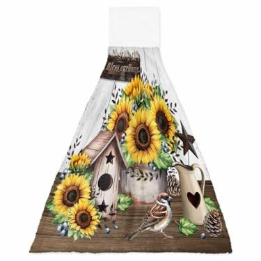 Imagem de Toalhas de mão de cozinha com laços rústico retrô prancha de madeira absorvente de pássaros panos de prato pano de lavagem macio para banheiro lavanderia, conjunto de 1, pássaro campestre girassol