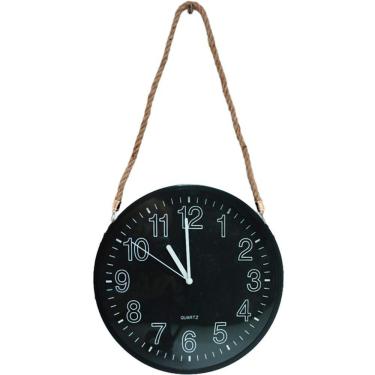 Imagem de Relógio De Parede Black Quartz Redondo Com Corda De Sisal