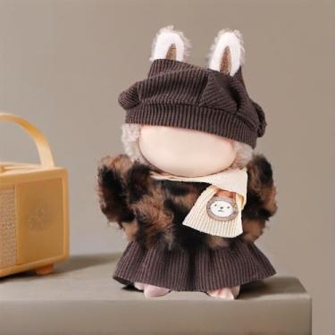 Imagem de Compatível com Labubu (sem boneca) – Chapéu de malha retrô, blusa com estampa de leopardo, conjunto de saia de malha e cachecol de urso, roupas de boneca de pelúcia de 15/17 cm, acessórios de boneca