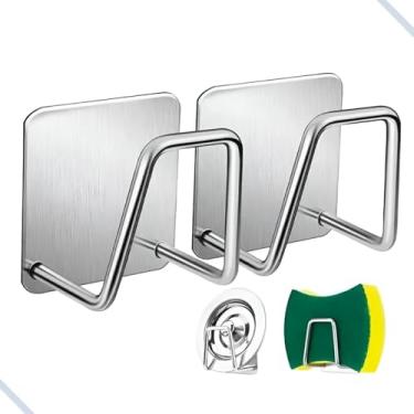 Imagem de Kit com 2 Suporte de Esponja Gancho Pia Aço Inox Louça Cozinha Inoxidável Suporte para Sabonete Pia de Cozinha Adesivo para Bucha Multiuso