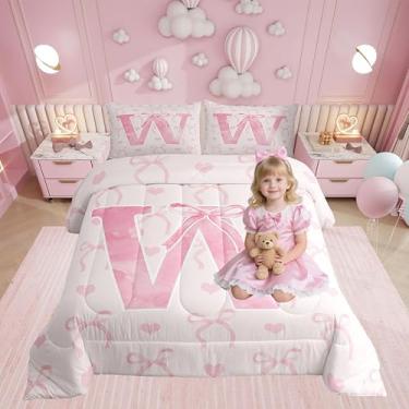 Imagem de Erosebridal Conjunto de edredom com nó rosa, solteiro, para mulheres, adolescentes, aquarela, alfabeto, com corações de amor, presentes quentes, decoração de quarto de fadas, edredom com laço