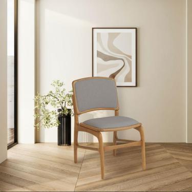 Imagem de Cadeira De Jantar Florença Em Madeira Jequitibá Natural Encosto Em Tecido Premium Linho Cinza