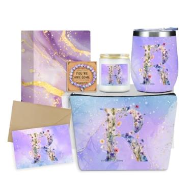 Imagem de XLRSDF Presentes personalizados monograma de aniversário para mulheres, mamãe, despedida feminina, Natal, copo de vinho, bolsa de maquiagem com vela perfumada (flor roxa estética)