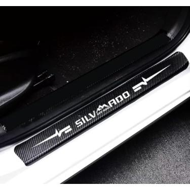 Imagem de 4 peças de proteção de peitoril de porta de fibra de carbono 4D placa de proteção de entrada de carro, à prova d'água, antiarranhões, peitoril de porta de carro compatível com Silve4x4rado (branco)