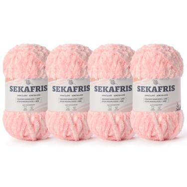 Imagem de Fio de chenille grosso felpudo para crochê, fio de pelúcia macio para tricô à mão, fio de cobertor de bebê volumoso 4 x 100 g (4 x 49,2 jardas) para fios de crochê Amigurumi, fio de veludo fofo de