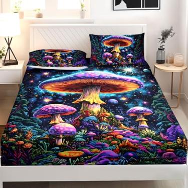 Imagem de AILONEN Jogo de lençol Queen, fantasia de cogumelo mágico, plantas naturais, desenho abstrato roxo com 2 fronhas para decoração de quarto, microfibra macia, 3 peças