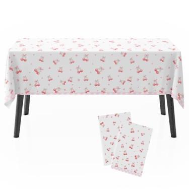 Imagem de Toalha de mesa rosa cereja para crianças, 137 × 272 cm, linda capa de mesa de plástico com estampa de cereja doce, decoração de mesa descartável para festa de aniversário ou piquenique, toalha de mesa