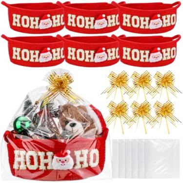 Imagem de FoldTier Conjunto de 6 conjuntos de cestas vazias de Natal para presentes com fitas fofas hohoho Papai Noel vermelho cesta tecida com alça sacos de celofane transparente para decoração de casa