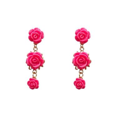 Imagem de YUNXI Brincos femininos com pingente de flor de rosa vermelha com borla longa, Large, Resina, Sem pedra preciosa