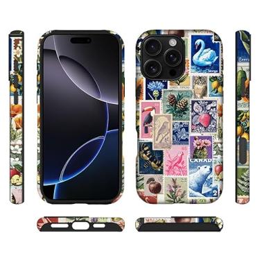 Imagem de ilikediy Capa híbrida para iPhone 16 Pro, capa rígida de silicone com 2 camadas - colagem de carimbo retrô