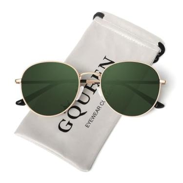 Imagem de GQUEEN Óculos de sol retrô redondos polarizados femininos masculinos com dobradiça de mola armação de metal moderno hippie oval, óculos de sol UV400, 1 armação dourada/lente verde, M