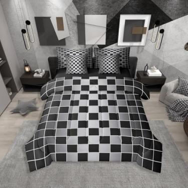Imagem de Erosebridal Jogo de cama casal quadriculado com 7 peças, preto, cinza, ombré, em uma bolsa com lençóis, xadrez, buffalo, para crianças e adultos, conjunto de cama de guingão