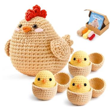 Imagem de Joyclub Kit de crochê de 4 peças para iniciantes, kit de crochê para adultos com vídeo passo a passo, kit de tricô amigurumi, galinha, ovo e galinha, ótimos presentes para amantes de crochê