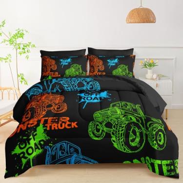 Imagem de QOOMO Jogo de cama casal com 7 peças, caminhão para crianças e adolescentes, inclui 1 edredom, 1 lençol com elástico, 1 lençol de cima, 2 fronhas estampadas e 2 fronhas pretas