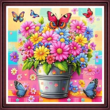 Imagem de Funchey Kits de ponto cruz contados para adultos, kit de bordado de costura cruzada não impresso, suprimentos de ponto cruz de 11 quilates - flores de borboleta coloridas 45,7 x 45,7 cm