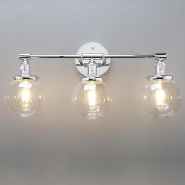 Imagem de Phansthy Luminária de 3 luzes com haste cromada polida para banheiro com três coberturas de vidro globo de 5,6 cm, polido cromado
