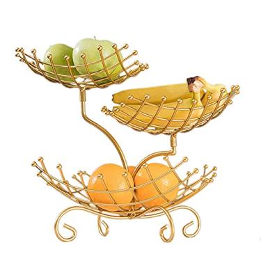 Imagem de ZJYWMM Cesta de frutas Etagere de cesta de frutas com 2 andares - Tigela de frutas de metal para mais espaço na bancada - Armazenamento de cozinha diário decorativo para lanches de frutas e legumes