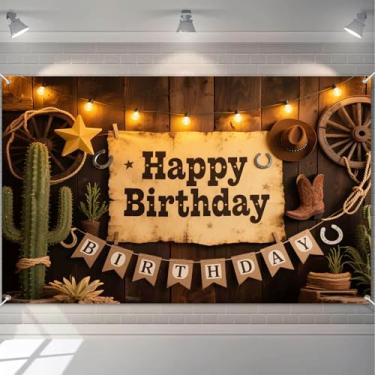Imagem de HOMETITUTE Western Cowboy Themed Happy Birthday Banner Rustic Party Backdrop for Country Barn Farm Rodeo and Cowboy Themed Birthday Celebrations Indoor and Outdoor Party Decors 71x43Inches