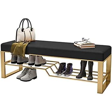 Imagem de Banqueta estofada de entrada, armário de sapatos de luxo com prateleiras de metal, sapateira de 2 níveis para sala de estar, almofadas de couro, preto, 80 x 35 x 45 cm (31 x 14 x 18 polegadas)