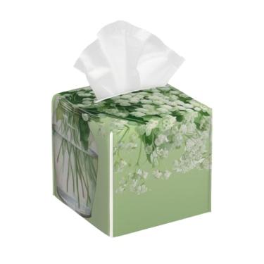 Imagem de Capa quadrada de couro para caixa de lenços de papel à prova d'água, flores verdes, organizador de papel facial fresco com cinto inferior, estojo de lenços para mesa, banheiro, escritório, mesa, carro