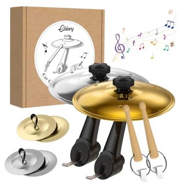 Imagem de Pacote com 2 pratos para carro, saída de ar, mini tambor com mini baquetas de bateria e 4 pratos de polegar, acessório de carro compacto e durável compatível com a maioria dos veículos (ouro e prata)