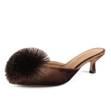 Imagem de Fericzot Mules femininas de salto gatinho com bico fino e costas nuas, sem cadarço, salto baixo, salto baixo, sapatos de salto baixo, Marrom, 40
