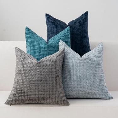 Imagem de Cushonix Pacote com 4 capas de almofada 40,6 x 40,6 cm azul cinza boho capas de almofada decorativas de casa de fazenda para sofá-cama sofá sala de estar decoração de casa fronha quadrada macia