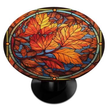 Imagem de hongjinglin Toalha de mesa redonda com borda elástica folhas de vidro de outono, toalha de mesa redonda para decoração de cozinha de 114 a 127 cm