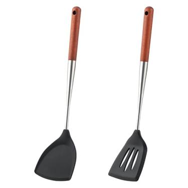 Imagem de FJNATINH Conjunto de espátula e espátula de silicone, espátulas com fenda, sem BPA, antiaderentes, resistentes ao calor, utensílios de cozinha com cabo de madeira (cabo de nogueira - espátulas 2 peças