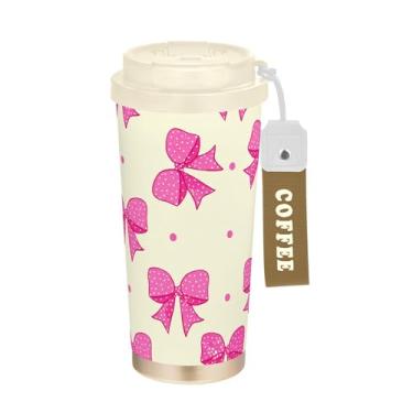 Imagem de SEHANY Linda caneca de viagem rosa com laço de bolinhas 482 g Copos de café reutilizáveis revestidos de cerâmica com tampa à prova de vazamento, parede dupla, isolamento a vácuo, copo de café de aço