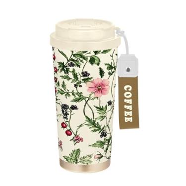 Imagem de SEHANY Caneca de viagem colorida de ervas silvestres de 500 ml Copos de café reutilizáveis revestidos de cerâmica com tampa à prova de vazamento, parede dupla, isolamento a vácuo, copo de café de aço