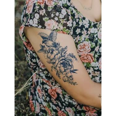 Imagem de Suco de ervas semipermanente peônia pássaro voador tatuagem linha fina 7-14 dias sem sombreamento de cor braço perna ombro corpo adesivo impermeável 1 pacote