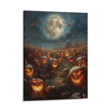 Imagem de HouLaiZhe Pôster de Halloween Lua Morcego Abóbora Remendo Tela Impressões de Arte de Parede Decorações de Halloween Decoração de Parede Estética Gótica para Sala de Estar Quarto 08 x 10 polegadas (20