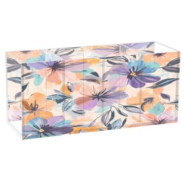 Imagem de CEBUGI Porta-lápis de acrílico com 4 compartimentos, organizador de lápis transparente, suporte de pincel de maquiagem de flores em aquarela para escritório em casa