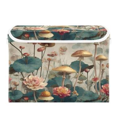 Imagem de CEBUGI Caixas de armazenamento com tampas caixa de armazenamento de tecido dobrável Caixotes organizadores de cubo de cogumelo vintage para armário de casa prateleiras de quarto 40 x 30 x 39 cm