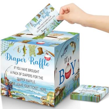 Imagem de Teling 51 peças de bilhetes de sorteio de fraldas com caixa de cartão, decorações de chá de bebê, caixa de suporte para revelação de gênero para festa de sorteio de fraldas para meninas e meninos (Um