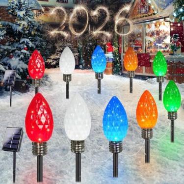 Imagem de IDEAALS Pacote com 10 luzes de Natal jumbo multicoloridas solares C9 ao ar livre, luzes solares LED à prova d'água, luz de morango, decorações de Natal ao ar livre para passarela, pátio, jardim