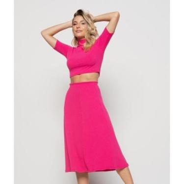 Imagem de Saia Salvatore Fashion Midi Godê Canelada Feminina-Feminino