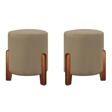 Imagem de Kit 2 Puffs Banqueta Luna Pés De Madeira Maciça Veludo Bege