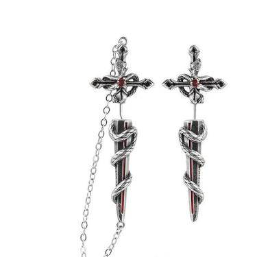 Imagem de Brincos góticos de cruz de cobra, brincos vintage de corrente assimétrica com cristal, joias punk góticas para mulheres e homens, acessórios grunge festivais presentes de Natal, Small, Latão, Sem