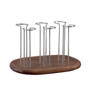 Imagem de LNQKJXIIA Boutiques US Porta-copos de nogueira preta sólida com ganchos de aço inoxidável 304, prateleira de armazenamento de secagem de cabeça para baixo para 6 xícaras para prateleiras de café e chá