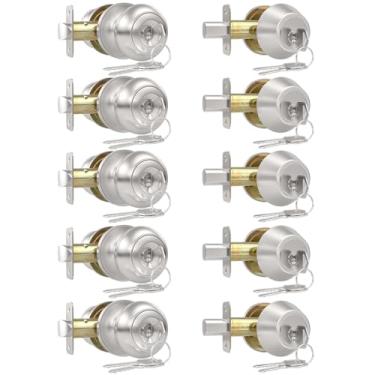 Imagem de AEEKEL Conjunto de maçanetas de porta externa com chave para fechadura da porta da frente, pacote com 5 maçanetas de porta de entrada com chave e conjunto de fechadura de cilindro único, maçanetas de