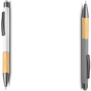 Imagem de Caneta Esferográfica em Alumínio Reciclado, Escrita Azul, Detalhe em Bambu, Refil Parker, Ponta Touch, Cilíndrica, Ambidestra, 15g (Branco e Cinza)